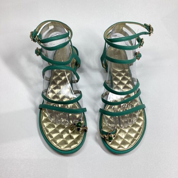 CHANEL Interlocking CC Logo Leather Gladiator Sandals Green Size EU 39.5 8.5US - Picture 3 of 17
